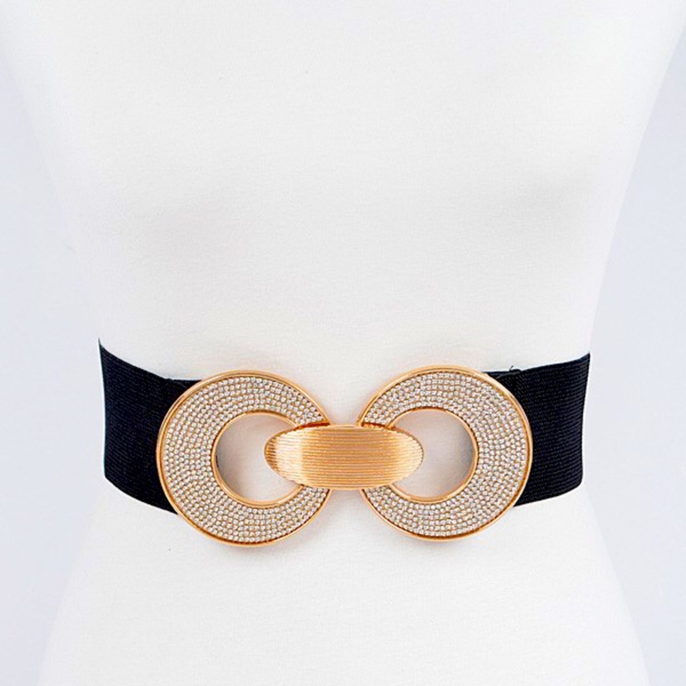 Black & Gold Rhinestone Elastic Corset Waist Statement Belt